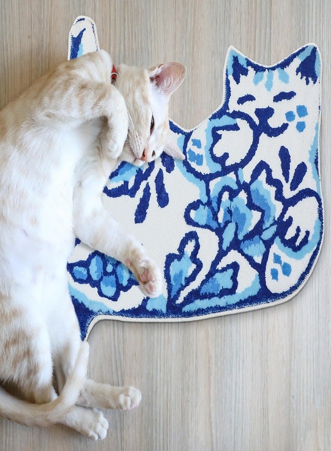 Tinideya Delft Cat Shape Bath Rug Cat Shaped Bathroom Mat 23" x 32" Rugs for Home Decor Cute Soft Tufted Mats Non Slip Absorbent Floor Carpet for Bedroom Porch Kitchen(Blue) - Image 4