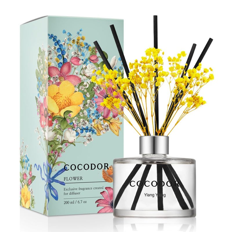 COCODOR Flower Reed Diffuser Set / 6.7oz / Ylang Ylang/Scent Diffuser with Sticks Home Fragrance Reed Diffuser for Bathroom Shelf Decor - Image 1