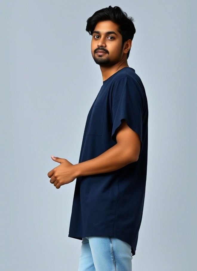 OUTLAWS Men Extended Sleeves Raw Edge T-shirt in Blue - Image 3