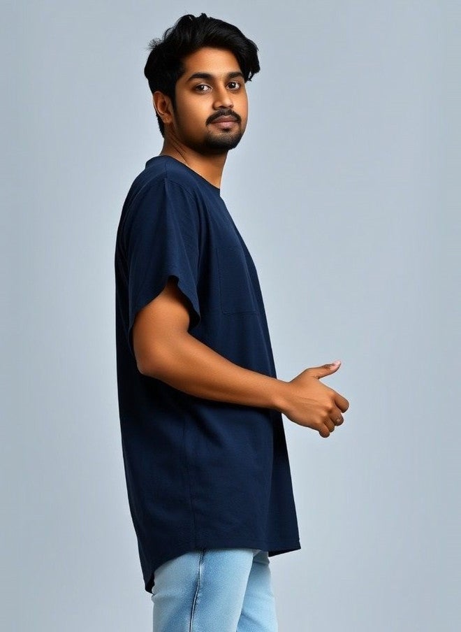 OUTLAWS Men Extended Sleeves Raw Edge T-shirt in Blue - Image 4