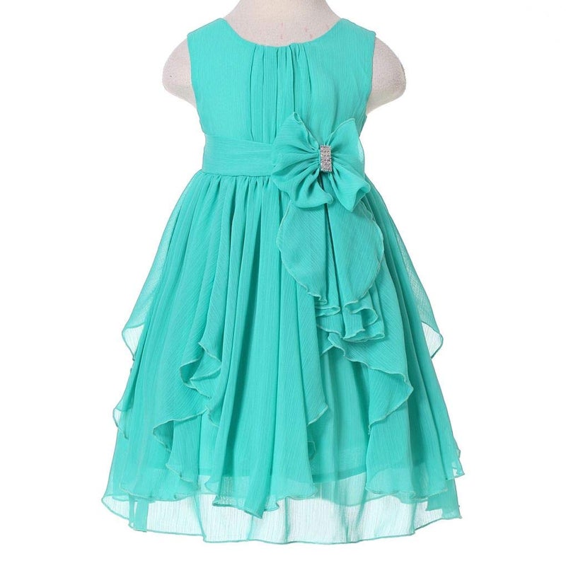 Bow Dream Flower Girls Dresses Junior Bridesmaids Little Girls Elegant Ruffle Chiffon Tea Length Turquoise 12 - Image 2
