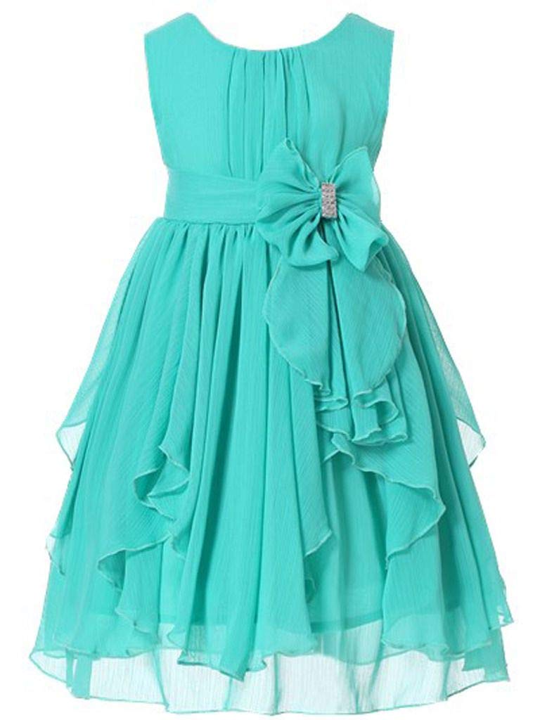 Bow Dream Flower Girls Dresses Junior Bridesmaids Little Girls Elegant Ruffle Chiffon Tea Length Turquoise 12 - Image 1