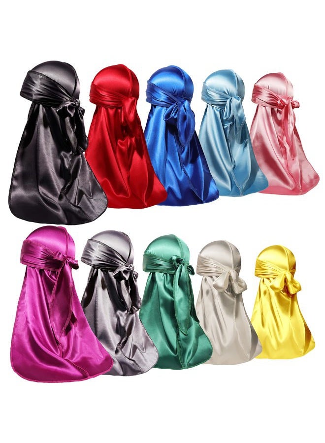 ForceWave 10 Pieces Silky Durags Long Tail for Women Men Satin Durag 360 wave，Dorag, 10 Colors - Image 1