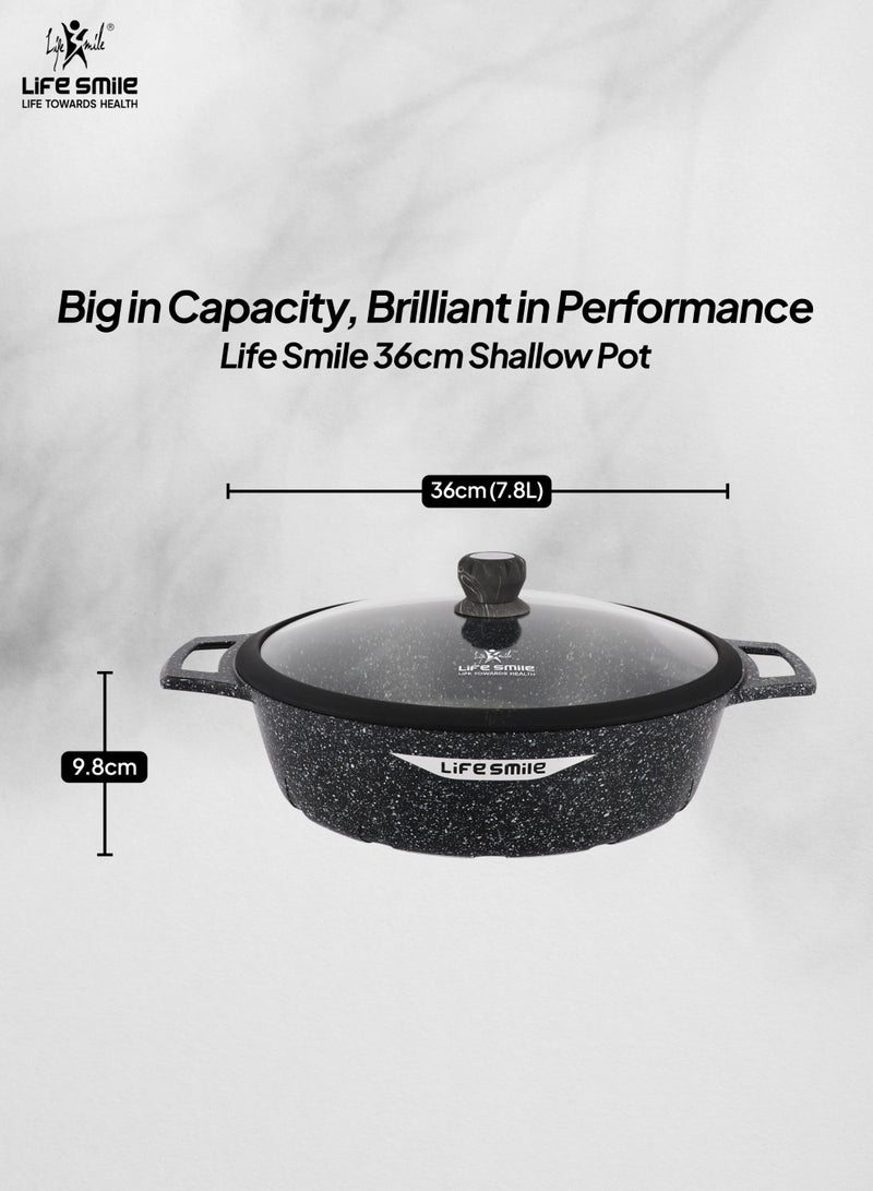 Life Smile وعاء ضحل غير لاصق من الجرانيت 36 سم مع غطاء زجاجي | قاعدة تحريض | طلاء جرانيت متعدد الطبقات | سعة 7.8 لتر - Image 3