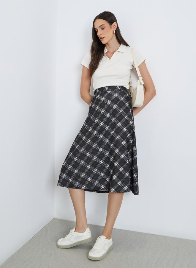 Styli Checked Print A-Line Midi Skirt - Image 1