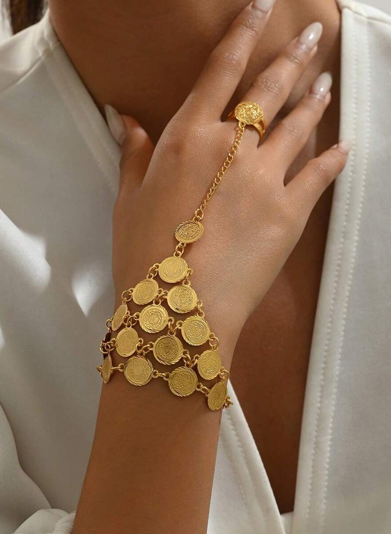 A hand bracelet accessory to celebrate Founding Day and Saudi National Day with gold chains with a coin design and a ring - Image 1