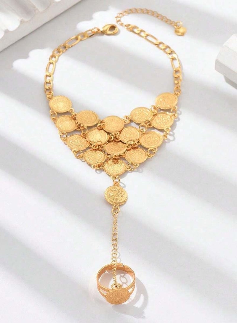 A hand bracelet accessory to celebrate Founding Day and Saudi National Day with gold chains with a coin design and a ring - Image 3