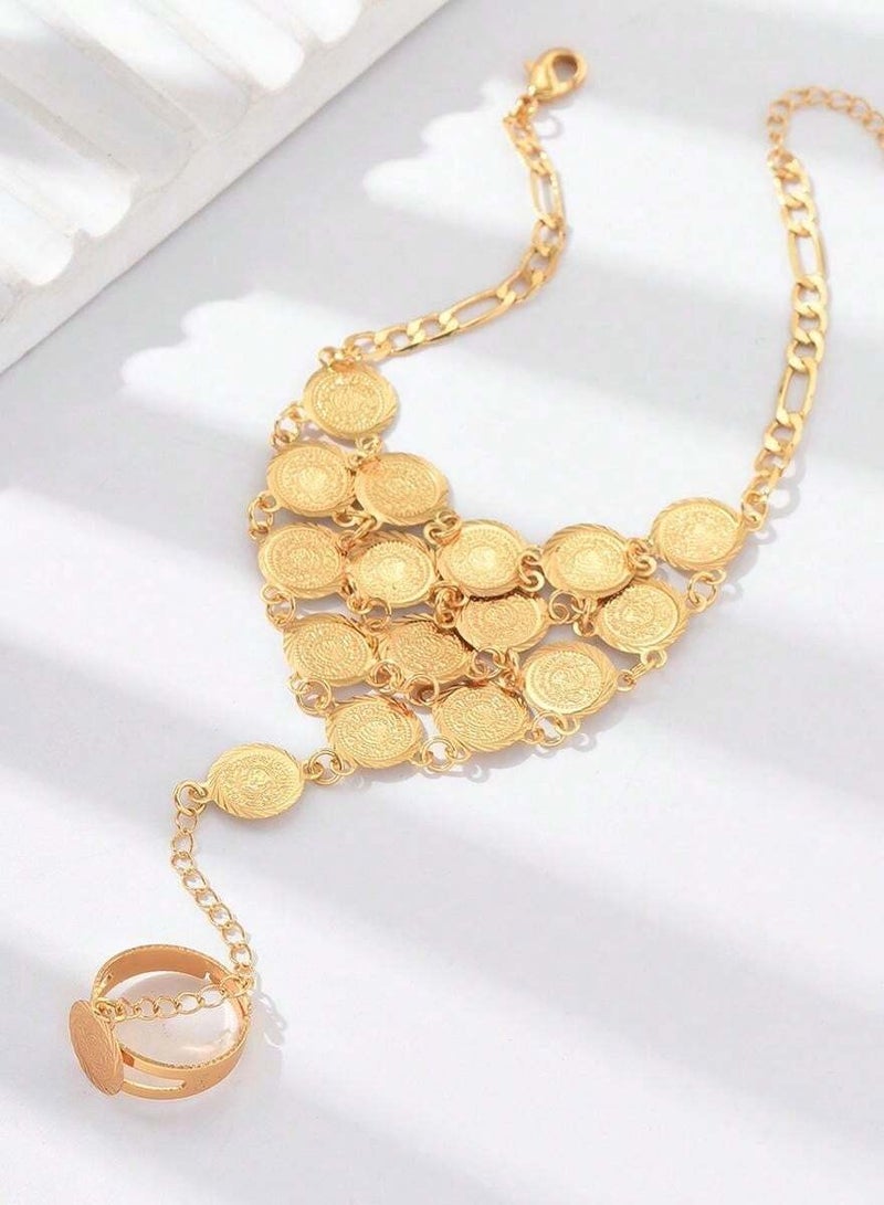 A hand bracelet accessory to celebrate Founding Day and Saudi National Day with gold chains with a coin design and a ring - Image 4