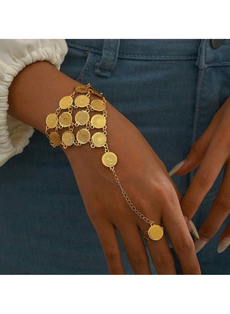 A hand bracelet accessory to celebrate Founding Day and Saudi National Day with gold chains with a coin design and a ring - Image 5