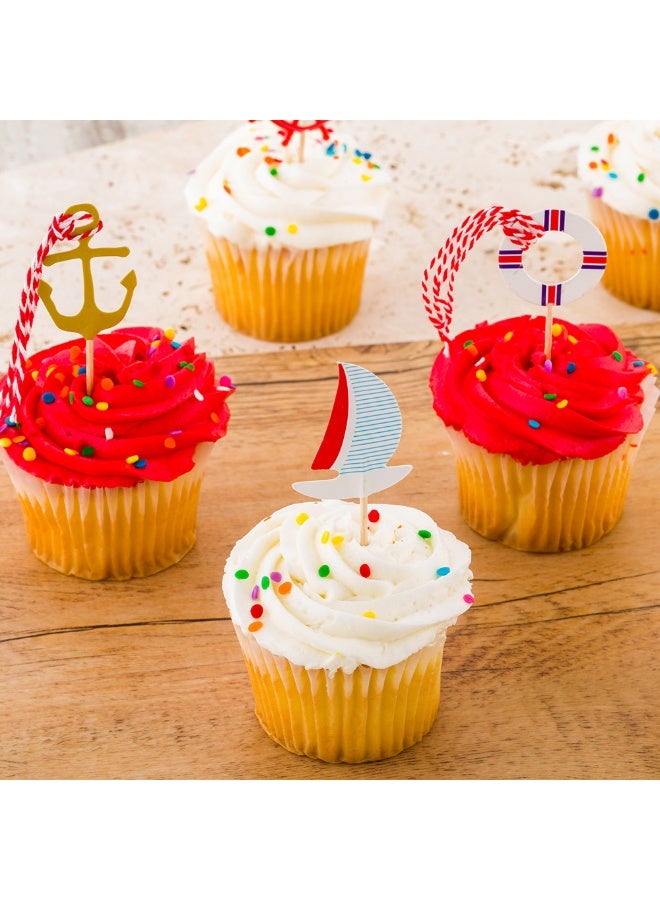 Restaurantware زينة كعك بحرية بطول إنش، مجموعة متنوعة من 24 قطعة من زينة الكب كيك البحرية - لحفلات الأطفال أو حفلات استقبال المواليد، زينة بموضوع الإبحار في المحيط، زينة كعكة عيد ميلاد بحرية من الورق - Image 3