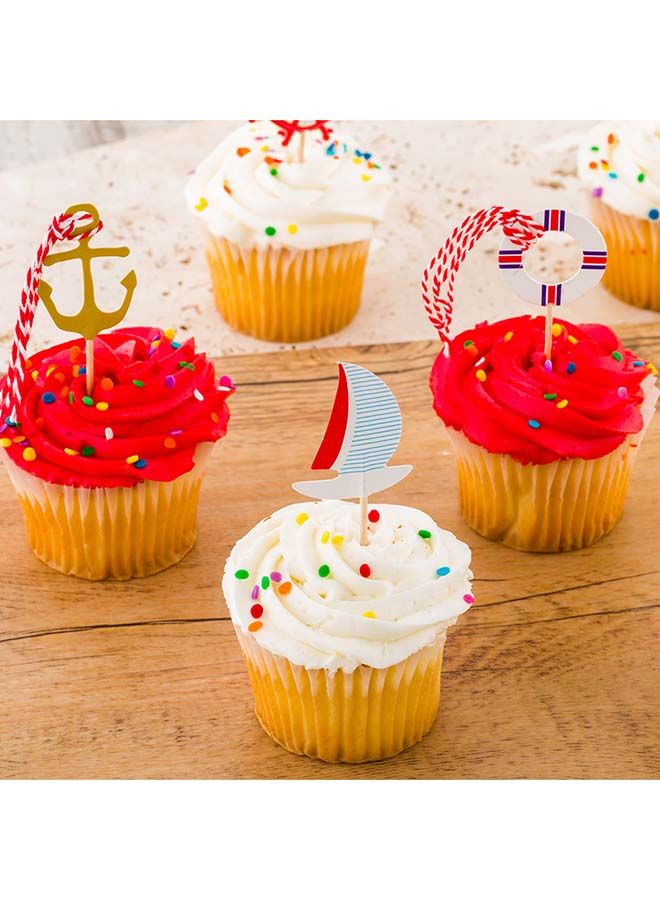 Restaurantware زينة كعك بحرية بطول إنش، مجموعة متنوعة من 24 قطعة من زينة الكب كيك البحرية - لحفلات الأطفال أو حفلات استقبال المواليد، زينة بموضوع الإبحار في المحيط، زينة كعكة عيد ميلاد بحرية من الورق - Image 5