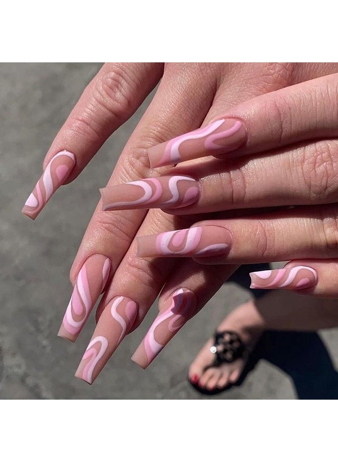 Candy Swirls Pink Coffin Press On Nails Artificial Nails, Reusable Fake Nails, Set Of 22 False Nails Universally Sized Nail Extensions For Women Press- On Nails, Longlasting Fake Nails With Glue Matt Finish ( Base Nude With Pink Swirls ) - pzsku/Z6A4985B320B4EBCF6346Z/45/_/1735567159/678e507b-964e-400b-b752-ac150002fefd