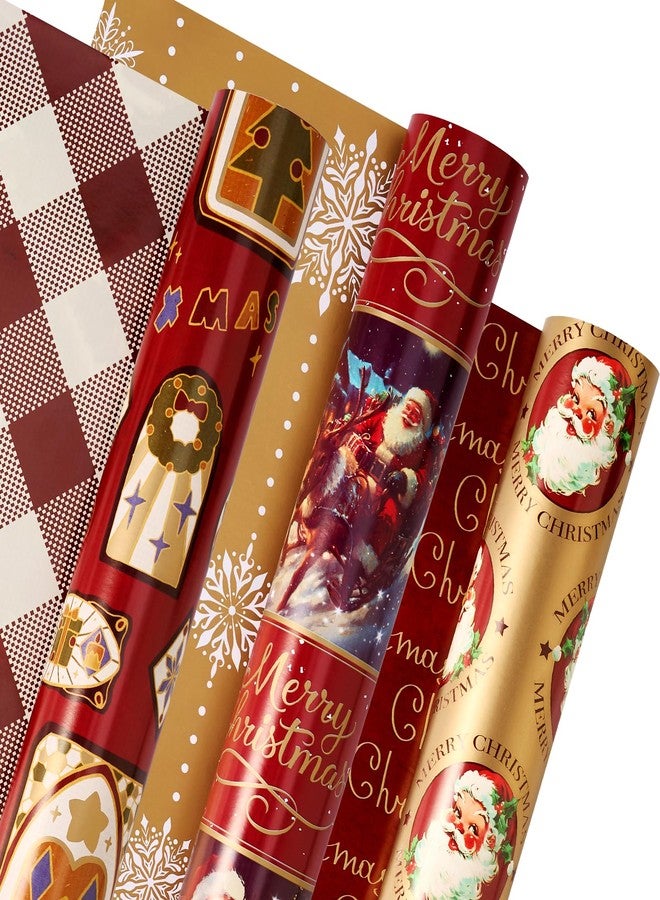 EWES Vintage Santa Christmas Wrapping Paper 3 Rolls Set,Red Burgundy Retro Kids Heavy Duty Premium Traditional Gift Wrap,Cute from North Pole,Matte Gold Snowflake Plaid Reversible,Total 48.6sq.ft - Image 1