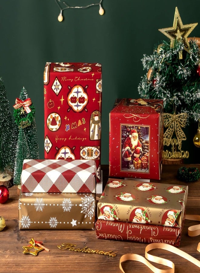 EWES Vintage Santa Christmas Wrapping Paper 3 Rolls Set,Red Burgundy Retro Kids Heavy Duty Premium Traditional Gift Wrap,Cute from North Pole,Matte Gold Snowflake Plaid Reversible,Total 48.6sq.ft - Image 3