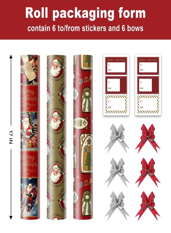 EWES Vintage Santa Christmas Wrapping Paper 3 Rolls Set,Red Burgundy Retro Kids Heavy Duty Premium Traditional Gift Wrap,Cute from North Pole,Matte Gold Snowflake Plaid Reversible,Total 48.6sq.ft - Image 2