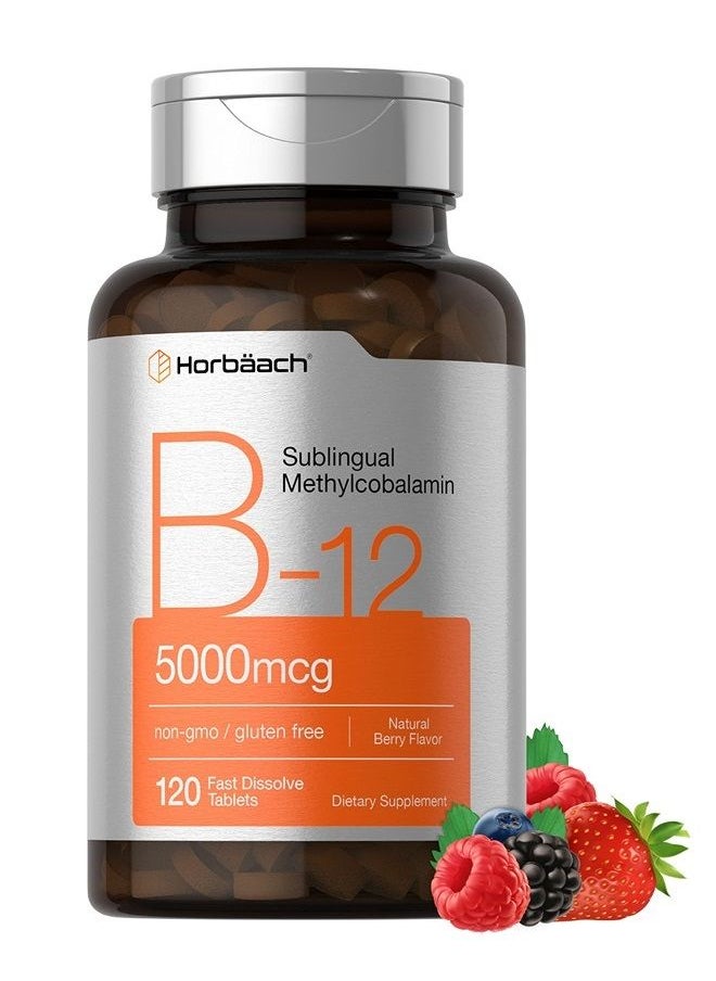 Horbäach - B12 Sublingual Methylcobalamin | 5000mcg | 120 Fast Dissolve Tablets | Vegetarian, Non-GMO and Gluten Free Supplement | by Horbaach - Image 1