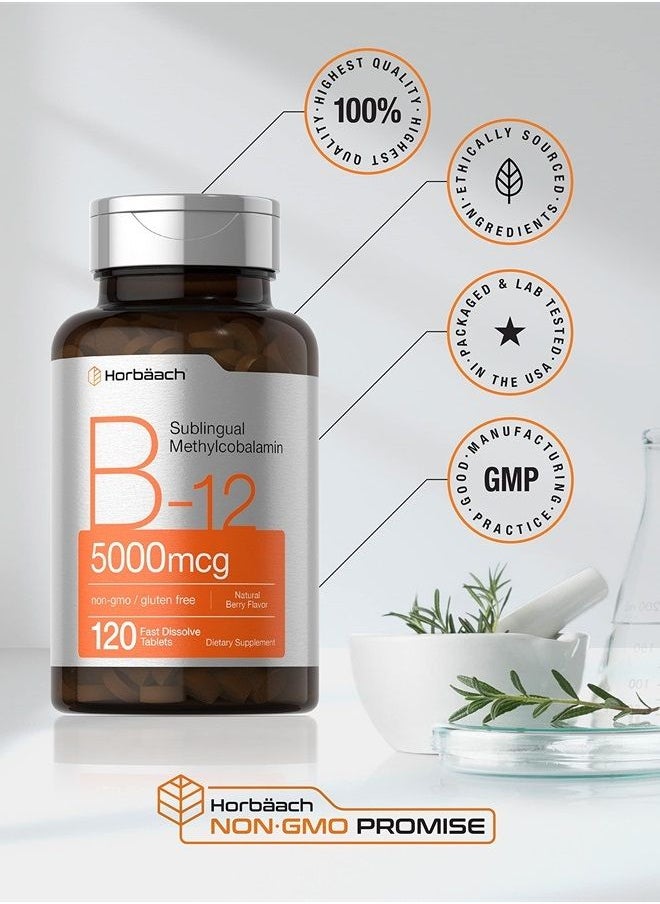 Horbäach - B12 Sublingual Methylcobalamin | 5000mcg | 120 Fast Dissolve Tablets | Vegetarian, Non-GMO and Gluten Free Supplement | by Horbaach - Image 1