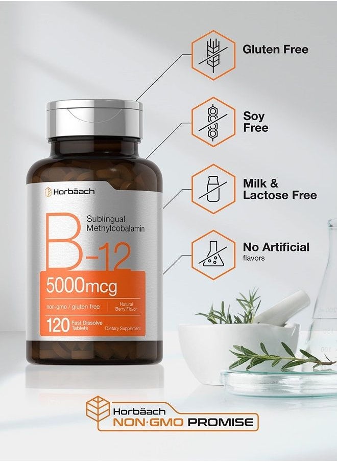 Horbäach - B12 Sublingual Methylcobalamin | 5000mcg | 120 Fast Dissolve Tablets | Vegetarian, Non-GMO and Gluten Free Supplement | by Horbaach - Image 1