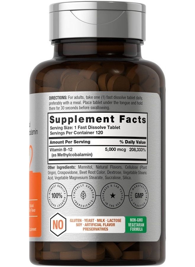Horbäach - B12 Sublingual Methylcobalamin | 5000mcg | 120 Fast Dissolve Tablets | Vegetarian, Non-GMO and Gluten Free Supplement | by Horbaach - Image 1
