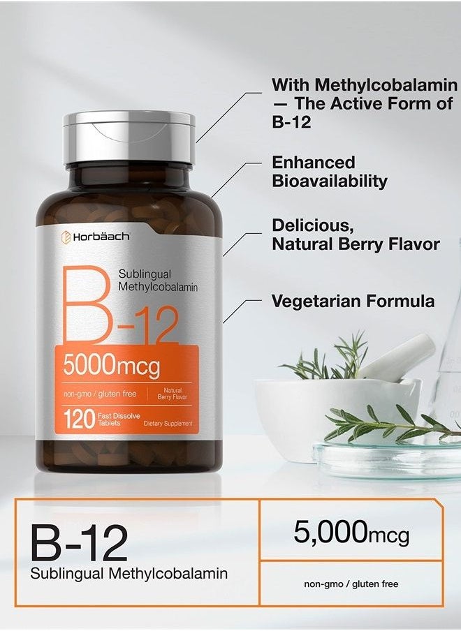Horbäach - B12 Sublingual Methylcobalamin | 5000mcg | 120 Fast Dissolve Tablets | Vegetarian, Non-GMO and Gluten Free Supplement | by Horbaach - Image 1