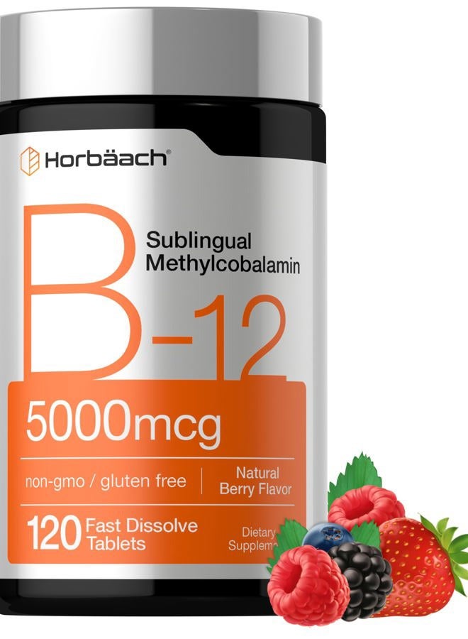Horbäach ميثيل كوبالامين B12 تحت اللسان | 5000 ميكروجرام | 120 قرص سريع الذوبان | مكمل غذائي نباتي وغير معدّل وراثيًا وخالٍ من الجلوتين | من إنتاج Horbaach - Image 1
