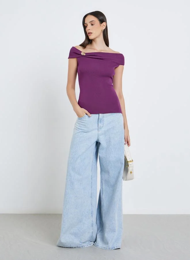 Styli Styli Purple Off-Shoulder Knit Top