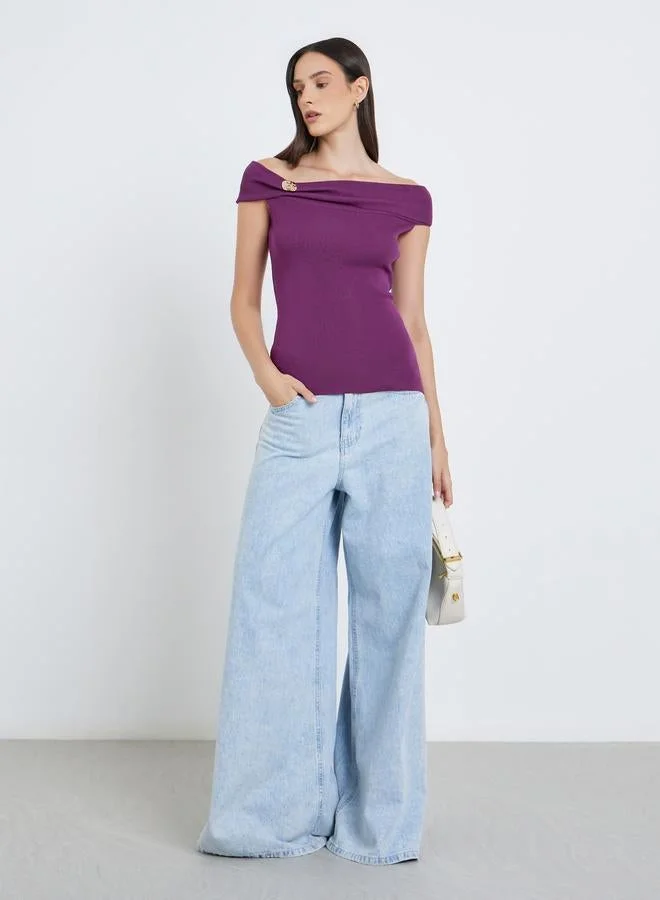 Styli Styli Purple Off-Shoulder Knit Top