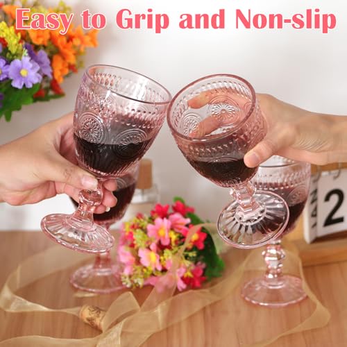 Scawim Pink Glass Goblets Wine Glassware, 10 oz Vintage Wine Glasses Set of 12, Romantic Wedding Glass Set, Embossed Drinking Stemware Beverage Cups for Wedding Engagement Christmas Party Bar - Image 5