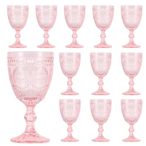 Scawim Pink Glass Goblets Wine Glassware, 10 oz Vintage Wine Glasses Set of 12, Romantic Wedding Glass Set, Embossed Drinking Stemware Beverage Cups for Wedding Engagement Christmas Party Bar - Image 1