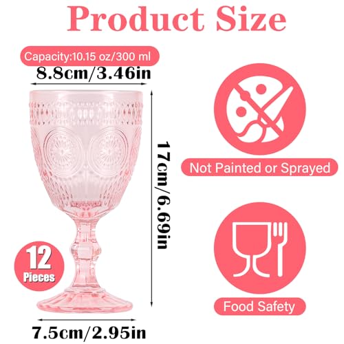 Scawim Pink Glass Goblets Wine Glassware, 10 oz Vintage Wine Glasses Set of 12, Romantic Wedding Glass Set, Embossed Drinking Stemware Beverage Cups for Wedding Engagement Christmas Party Bar - Image 2