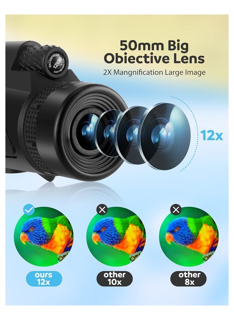 12x50 High-Power Monocular Telescope with Smartphone Tripod, Portable Bag - Monocular Telescope, Ideal for Bird Watching, Hunting, Hiking, Camping, Large Vision with BAK4 Prism & FMC Lens Technology - Image 2