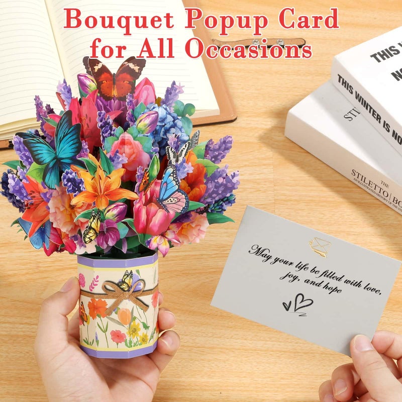 Tidponra Pop Up Flower Cards, Butterflies & Flower Bouquet 3D Popup Greeting Cards for Mother's Day, Anniversary, Birthday, Graduation, Get Well, Home Decor, with Envelope and Note - Image 4
