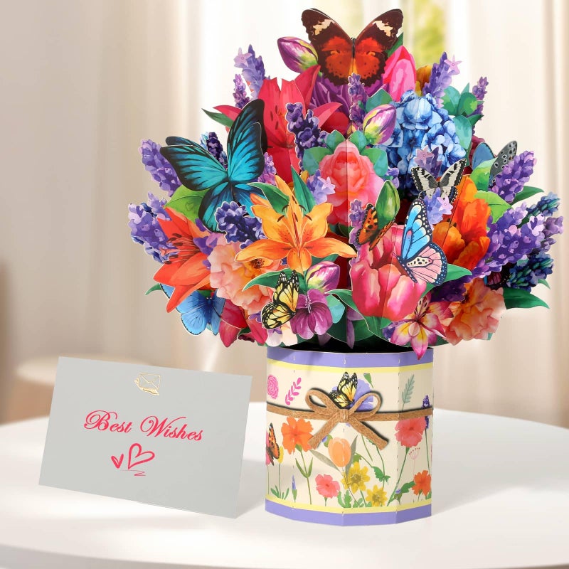 Tidponra Pop Up Flower Cards, Butterflies & Flower Bouquet 3D Popup Greeting Cards for Mother's Day, Anniversary, Birthday, Graduation, Get Well, Home Decor, with Envelope and Note - Image 2