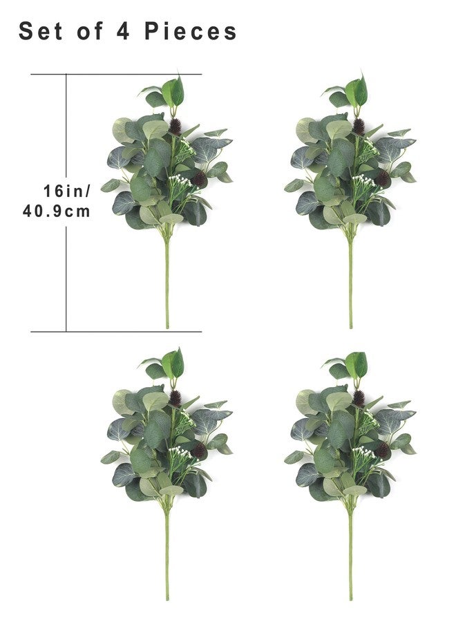 YUGALI Artificial Eucalyptus Stems for Vase Indoor, Faux Greenery Bush Bouquet with White Berry Pinecone Accents, 16" Tall Set of 4, Fake Plants Arrangements Home Décor - Image 3