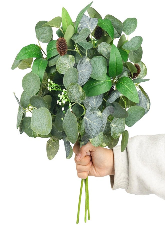 YUGALI Artificial Eucalyptus Stems for Vase Indoor, Faux Greenery Bush Bouquet with White Berry Pinecone Accents, 16" Tall Set of 4, Fake Plants Arrangements Home Décor - Image 1