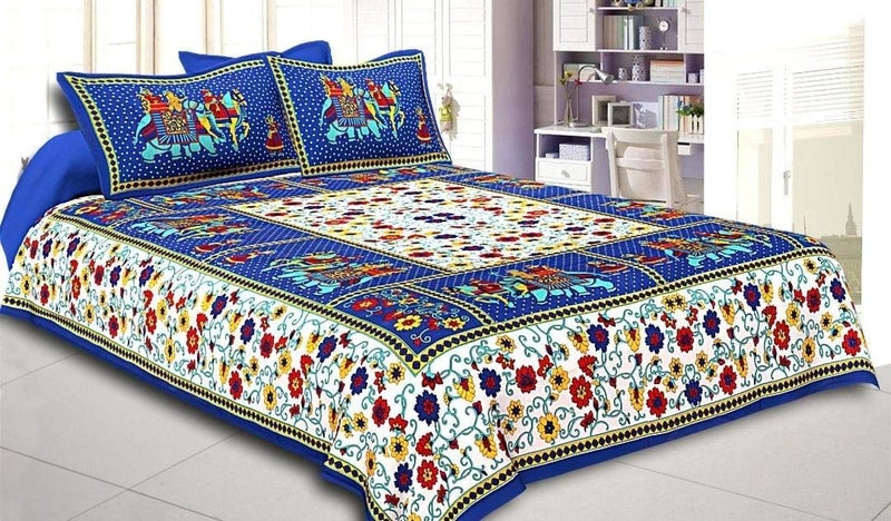 Bedsheet Hub Presents Rajasthani Jaipuri Modern Sanganeri Print Cotton Double Bedsheet with 2 Pillow Covers Queen Size Gangaur Blue - Image 2