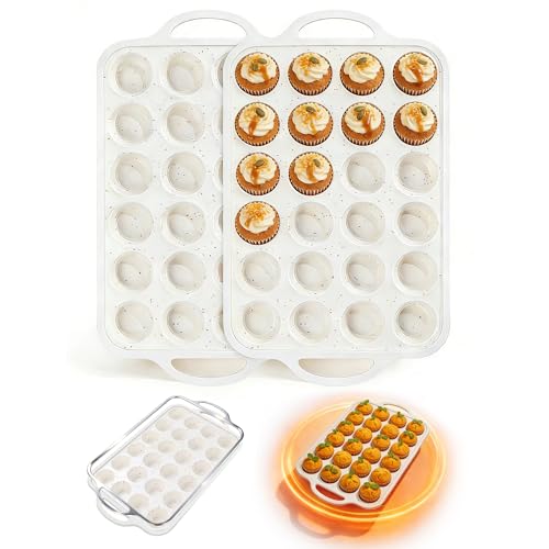 Fimary Silicone Muffin Pans With Metal Reinforced Frame 24 Cups Durable Silicone Baking Pan for Muffins Cupcakes BPA Free and Dishwasher Safe Beige with Rainbow Spots Set of 2 - Image 1