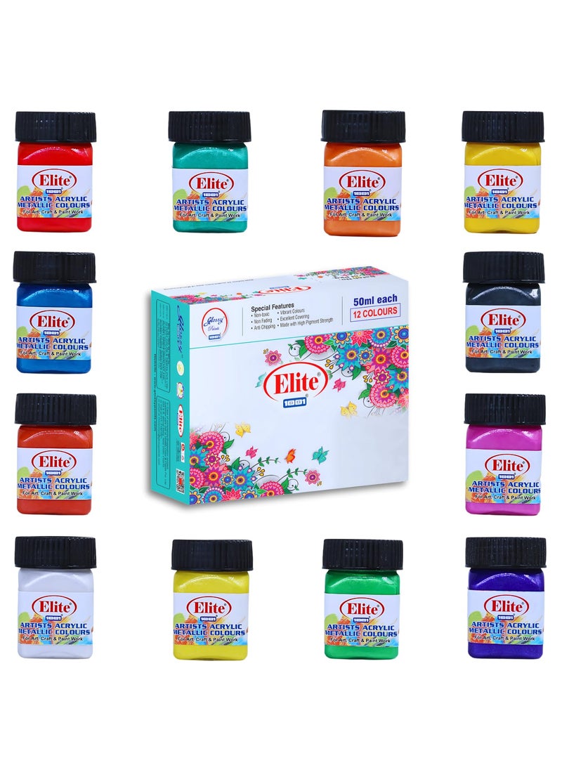 1001 1001 Elite Artists Acrylic Metallic Colors Set | 12 Shades of 50ml Each | MultiSurface | Art Craft & Paint Work | Multicolours  - Image 1