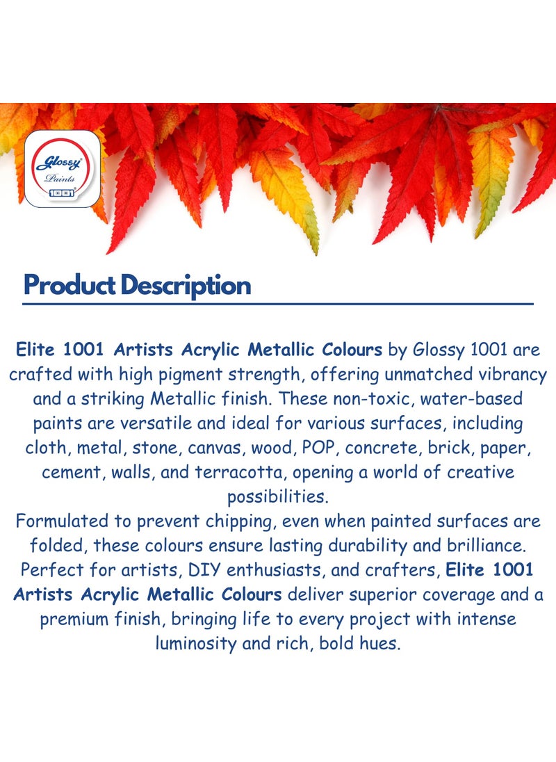 1001 1001 Elite Artists Acrylic Metallic Colors Set | 12 Shades of 50ml Each | MultiSurface | Art Craft & Paint Work | Multicolours  - Image 2