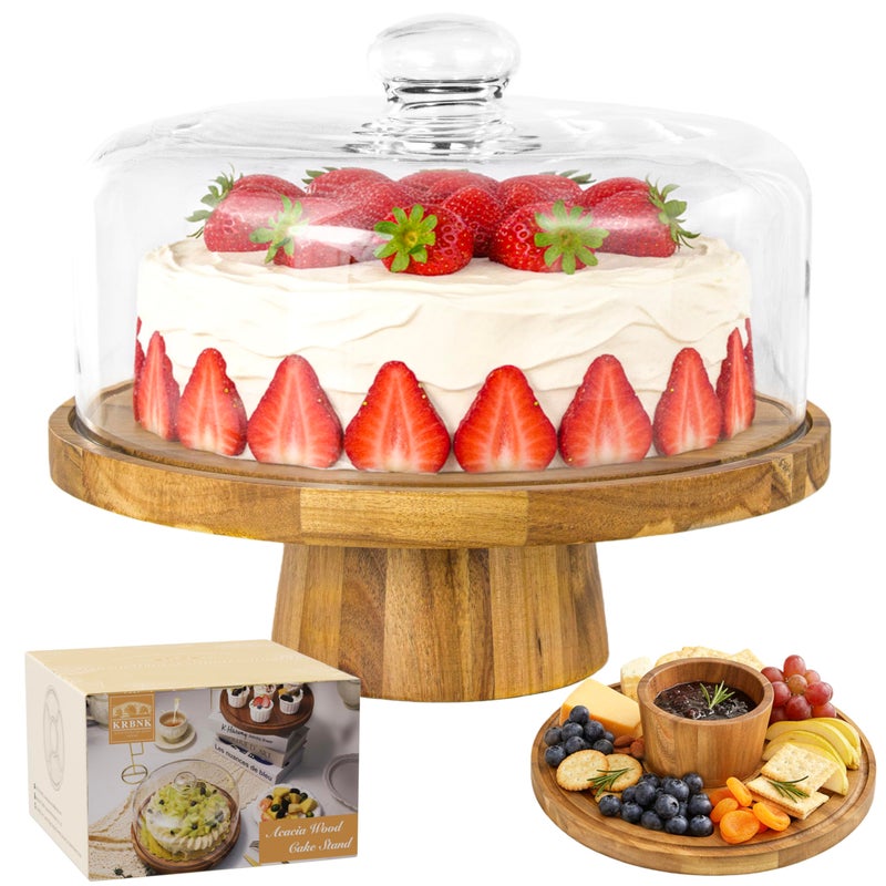Krbnk Acacia Wood Cake Stand with Lid, 12" Glass Cake Stand with Dome Cake Holder, 2-in-1 Dessert Table Display Set & Charcuterie Board for Weddings, Parties, Bakeries - Image 1