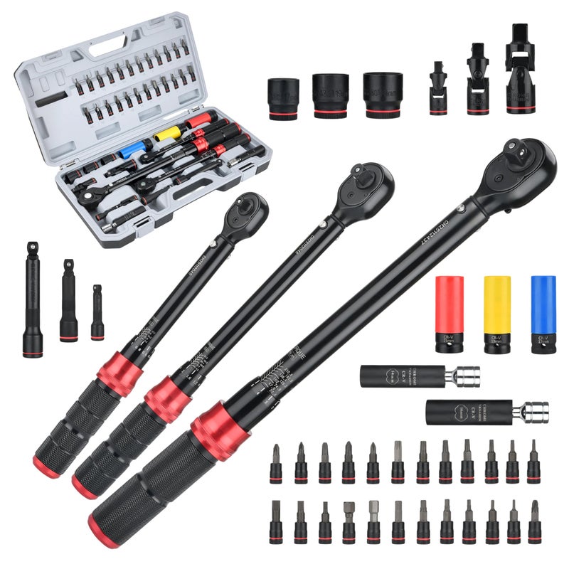 AEROFORCE Professional Tools AEROFORCE 1/4 & 3/8 & 1/2-inch Drive Click Torque Wrench, 41Pcs Torque Wrench Set with Sockets and extensions, Hex, Torx, magnetic Spark Plug for Car, Motorcycle, Bike Repair - Image 1