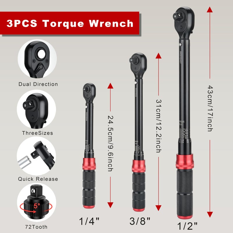 AEROFORCE Professional Tools AEROFORCE 1/4 & 3/8 & 1/2-inch Drive Click Torque Wrench, 41Pcs Torque Wrench Set with Sockets and extensions, Hex, Torx, magnetic Spark Plug for Car, Motorcycle, Bike Repair - Image 4