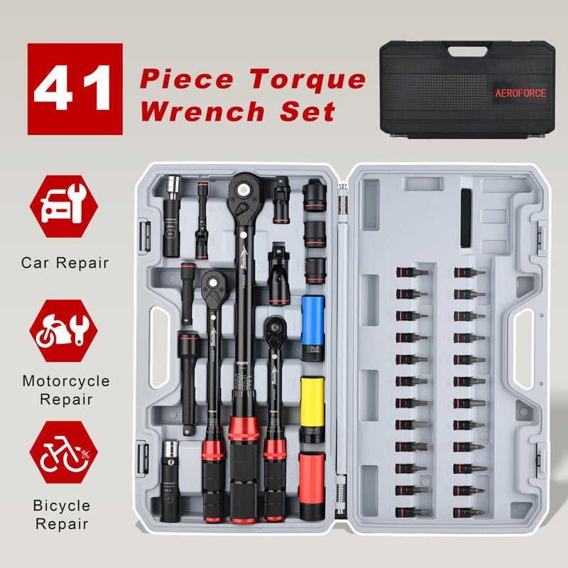 AEROFORCE Professional Tools AEROFORCE 1/4 & 3/8 & 1/2-inch Drive Click Torque Wrench, 41Pcs Torque Wrench Set with Sockets and extensions, Hex, Torx, magnetic Spark Plug for Car, Motorcycle, Bike Repair - Image 2