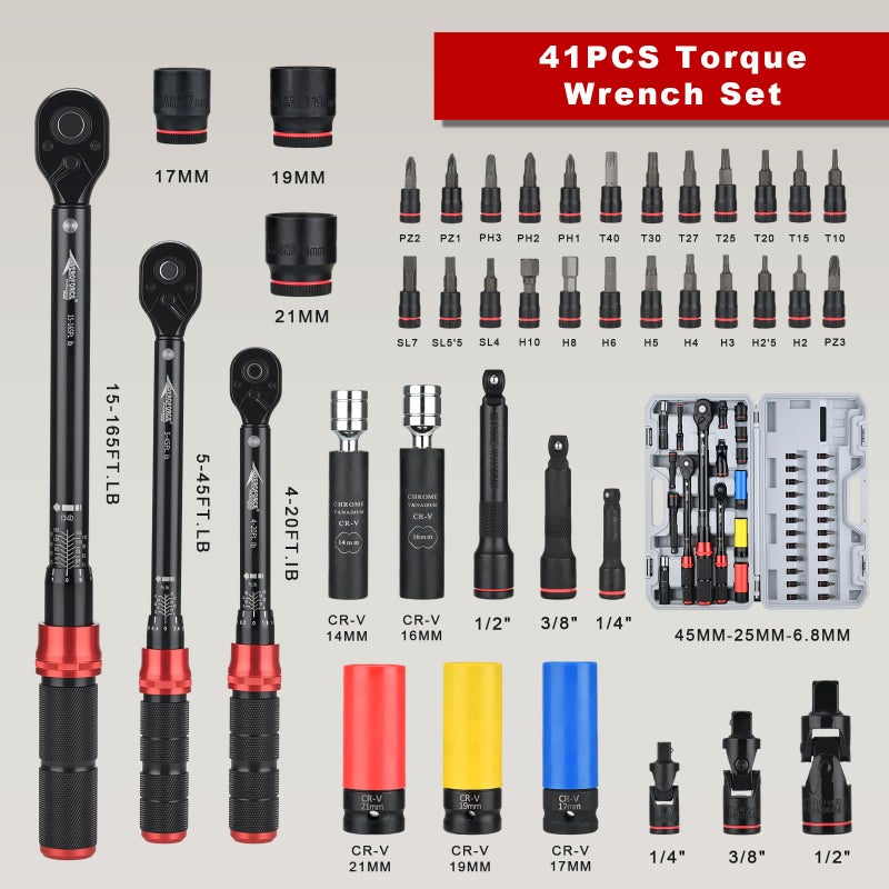 AEROFORCE Professional Tools AEROFORCE 1/4 & 3/8 & 1/2-inch Drive Click Torque Wrench, 41Pcs Torque Wrench Set with Sockets and extensions, Hex, Torx, magnetic Spark Plug for Car, Motorcycle, Bike Repair - Image 3