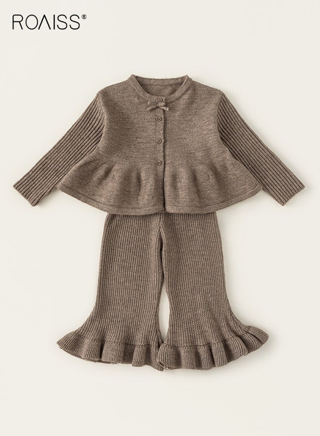 رويس طقم ملابس للفتيات من قطعتين، طقم أنيق مع سترة صوفية وسروال واسع، سترة صوفية وسروال بخصر مطاطي، طقم من قميص بأكمام طويلة وسروال للفتيات، مناسب للارتداء اليومي والأنشطة الخارجية - Image 1