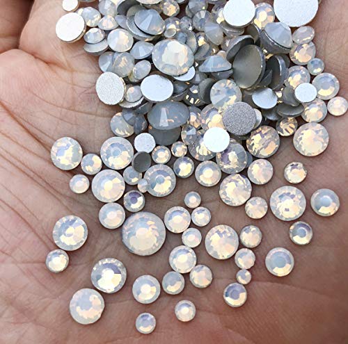 AD Beads 1440 Pieces Mixed Size Glue on Quality Glass Flatback Rhinestones Round Crystal Gems (White Opal) - Image 1