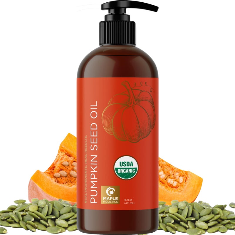Maple Holistics Pumpkin Seed Oil Organic Certified - 100% Pure Organic Pumpkin Seed Oil for Hair Growth and Anti Aging Face Oil - Organic Hair Oil for Dry Hair and Growth - Virgin Cold Pressed & Unrefined (16oz) - Image 1