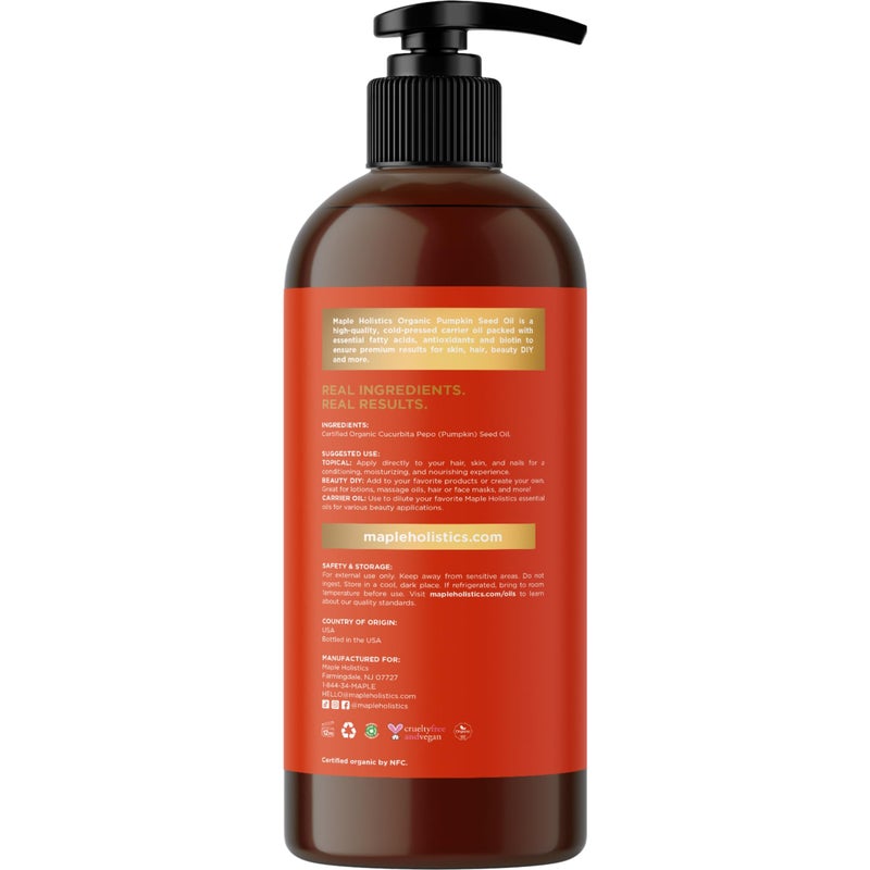 Maple Holistics Pumpkin Seed Oil Organic Certified - 100% Pure Organic Pumpkin Seed Oil for Hair Growth and Anti Aging Face Oil - Organic Hair Oil for Dry Hair and Growth - Virgin Cold Pressed & Unrefined (16oz) - Image 5