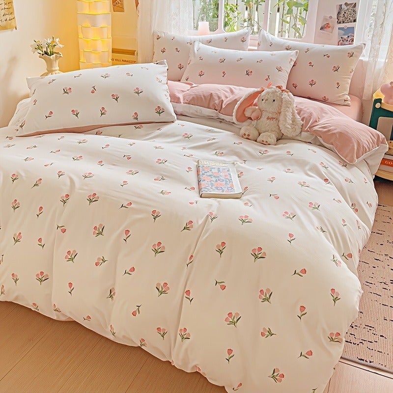 3pcs Soft and Comfortable Minimalist Style Small Floral Print Duvet Cover Set, Includes 1 Duvet Cover + 2 Pillowcases. Suitable for Bedrooms, Dorms, Guest Rooms. Washed Print Process. Machine Washable - Image 4