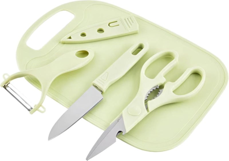 Travel Set - Lightweight kitchen tool collection featuring mini plastic cutting boards, protective-sheath stainless knife, efficient peeler and practical scissors, ideal for picnics and backpacking